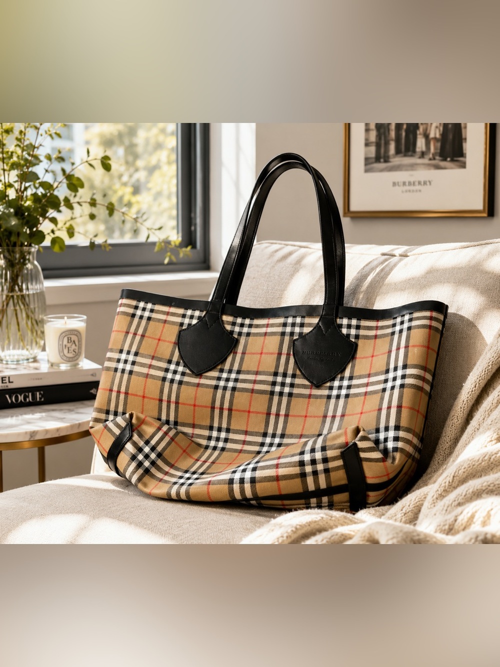 Burberry Reversible Vintage Check Tote Bag Leather Trim Red Tartan Interior